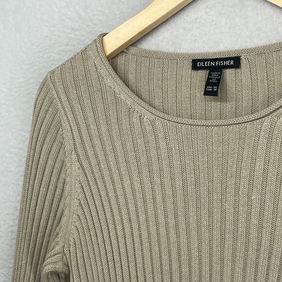 EILEEN FISHER Sweater XS Organic Cotton Tencel Ribbed Rolled Round Neck Beige - Picture 8 of 15